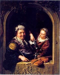 Willem van Mieris - Vioolspeler en schenkster in een vensteropening - Gal.-Nr. 1768 - Staatliche Kunstsammlungen Dresden