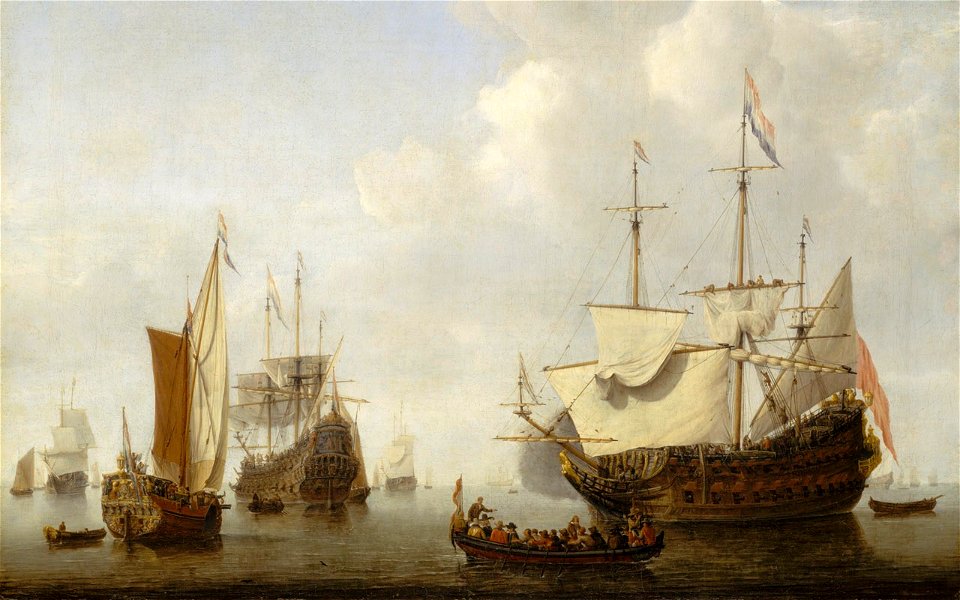 Willem van de Velde the Younger - A Dutch Flagship Coming to Anchor with a States Yacht Before a Light Air - cropped