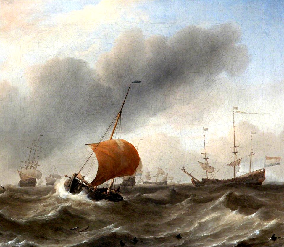 Willem van de Velde II (1633-1707) - Dutch Shipping in a Heavy Swell with a Small Hoeker under a Half-Lowered Mainsail, and with a School of Porpoises in the Foreground - 810137 - National Trust