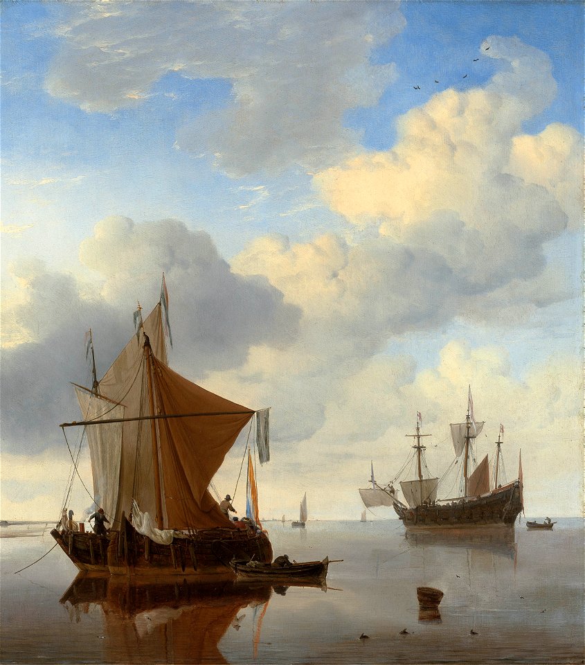 Willem van de velde ii a calm - a smalschip and a kaag at anchor with)