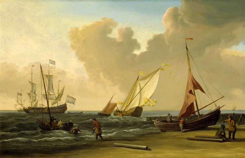 Willem van de Velde II (1633-1707) (studio of) - A Fishing Pink Hauled up on the Beach in a Fresh Breeze on the Dutch Coast - BHC0923 - Royal Museums Greenwich