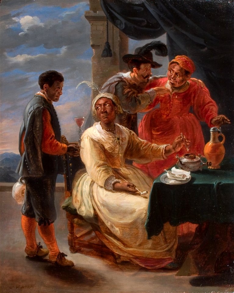 Willem van Herp I - A bordello scene with ladies carousing and drinking with their client