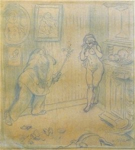 Willette A. - Blue and Black pencil - Etude pour la lithographie la colère - 34x31cm