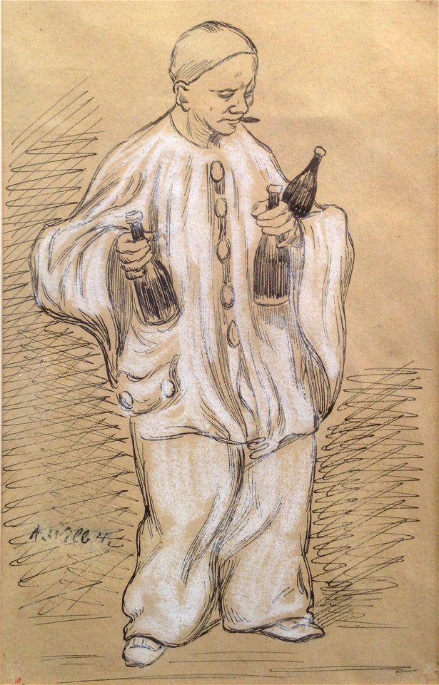 Willette A. - Ink, Chalk - Pierrot aux bouteilles fumant - 14.2x23cm
