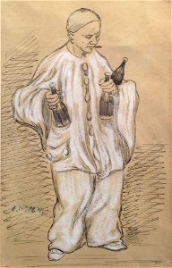 Willette A. - Ink, Chalk - Pierrot aux bouteilles fumant - 14.2x23cm