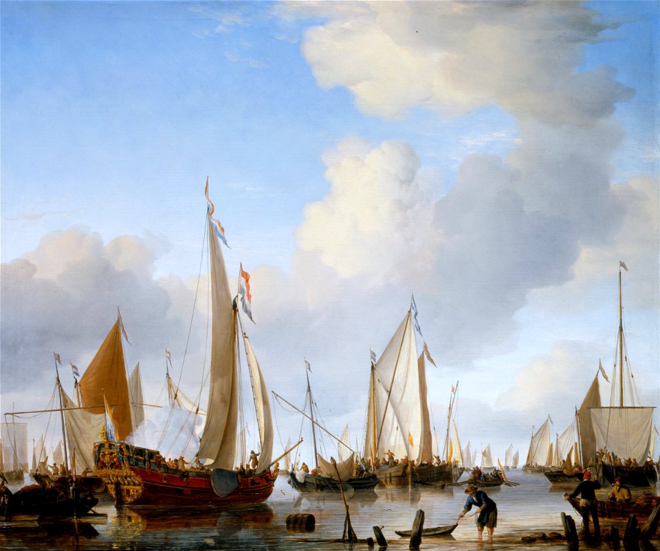 Willem van de Velde the Younger - Calm- A States Yacht under Sail close to the Shore with many other Vessels - Google Art Project