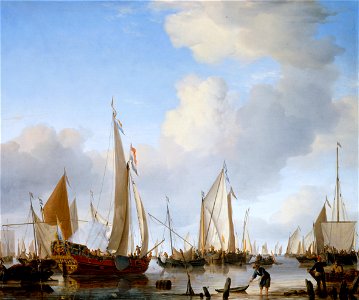 Willem van de Velde the Younger - Calm- A States Yacht under Sail close to the Shore with many other Vessels - Google Art Project