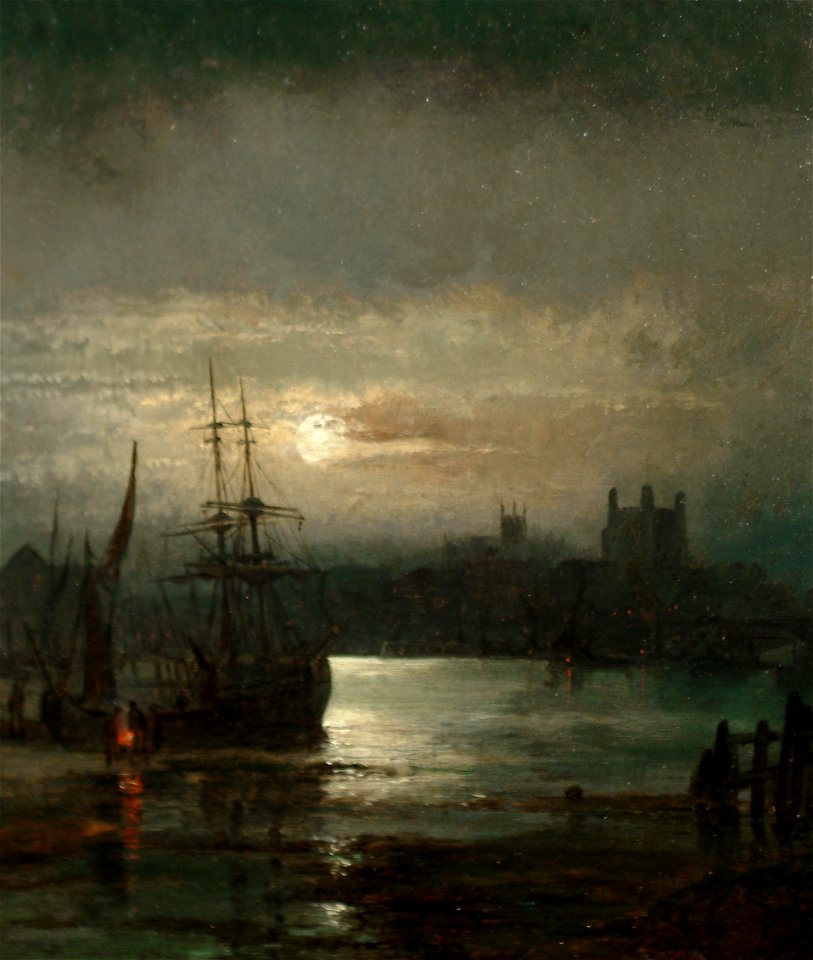 William Anslow Thornley - A moonlit harbour scene