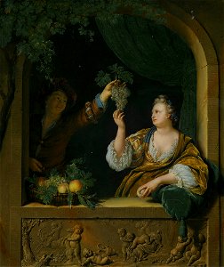 Willem van Mieris - A Gentleman offering a Lady a Bunch of Grapes 008L12033 6DMNY. Free illustration for personal and commercial use.