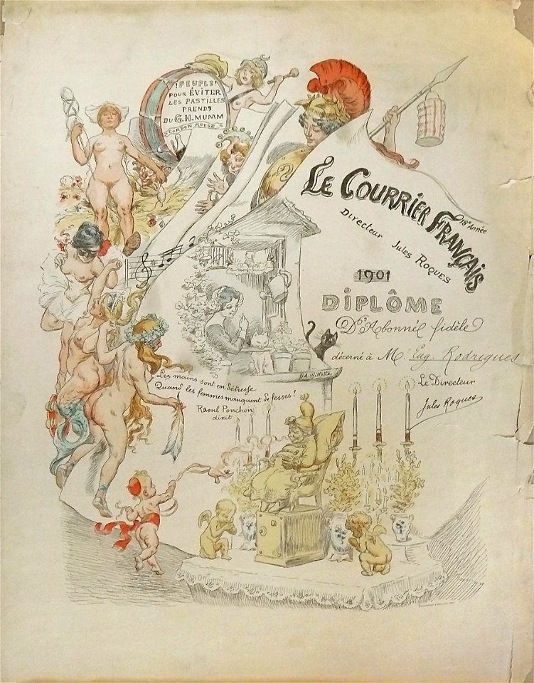 Willette A. - lithography, watercolor - Diplôme d'abonné fidèle au courrier français - 39,5x52,5cm