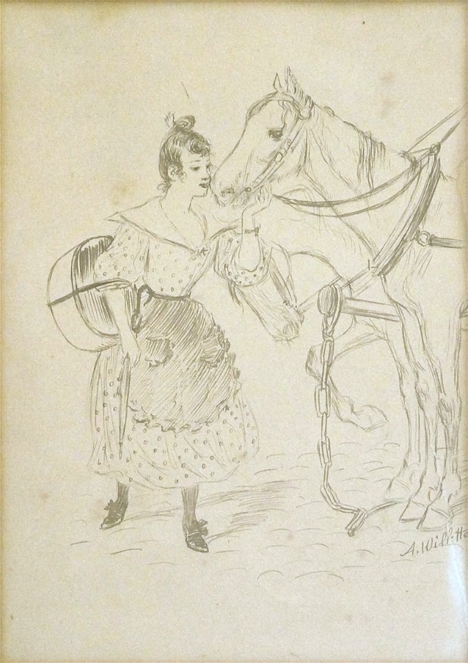 Willette A. - Brown Ink - Jeune-femme et chevaux - 20.5x14.5cm