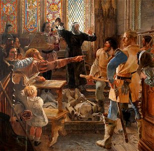 William Bell Scott (1811-1890) - Bernard Gilpin Making Peace among the Borders, Takes Down the Glove in Rothbury Church, c.1570 - 584370 - National Trust