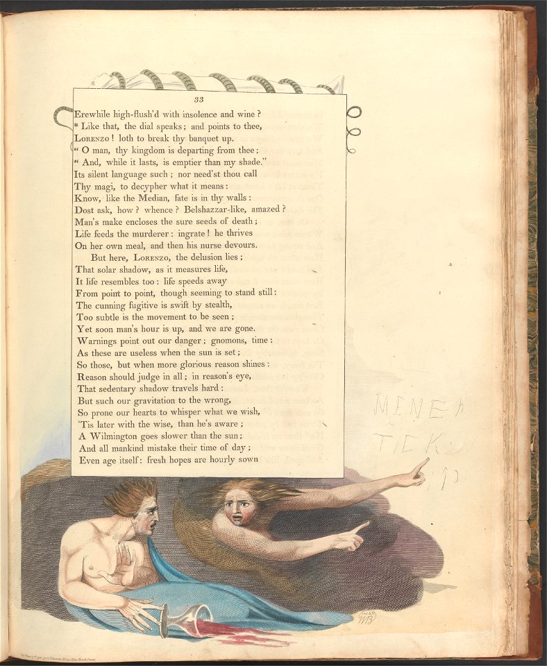 William Blake - Young's Night Thoughts, Page 33, Like that, the dial speaks; and points to thee - Google Art Project