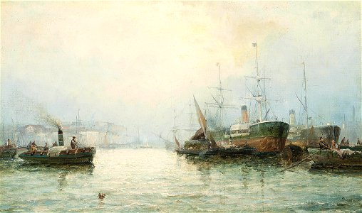 William Anslow Thornley - A misty morning on the Thames. Free illustration for personal and commercial use.