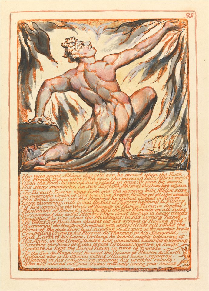 William Blake - Jerusalem, Plate 95, Her voice pierc'd Albions clay cold ear.... - Google Art Project