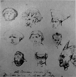 William Blake - 9 Grotesque or Demoniac Heads, Butlin 767 recto c 1819-20 183x188mm - F Bailey Vanderhoef Jr - Ojai California. Free illustration for personal and commercial use.