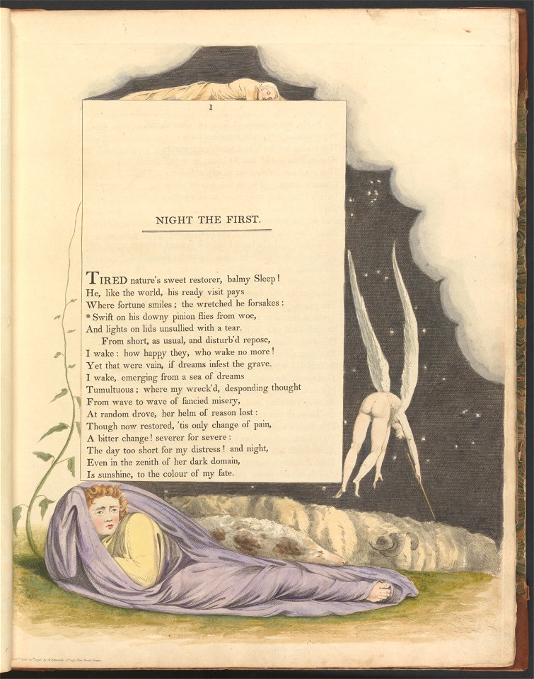 William Blake - Young's Night Thoughts, Page 1, Swift on His Downy Pinion Flies from Woe - Google Art Project
