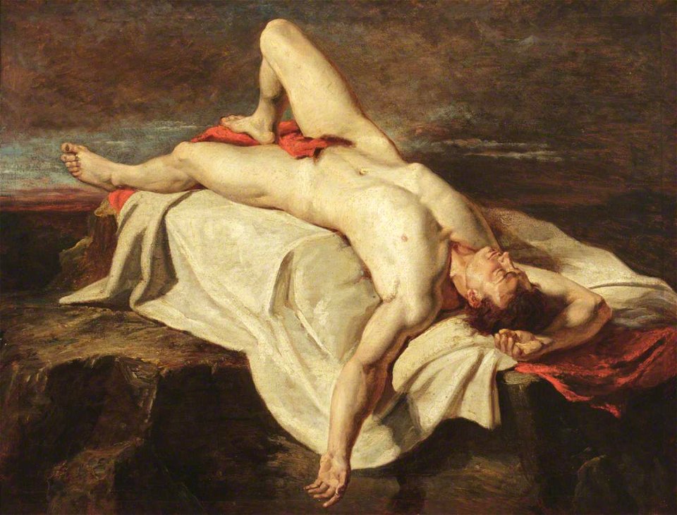 William Etty (1787-1849) - Academic Study of a Male Nude Lying on a Shroud on Rocks - 515711 - National Trust