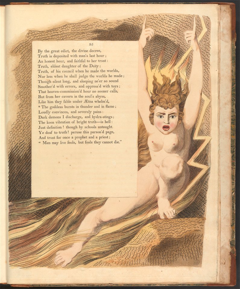William Blake - Young's Night Thoughts, Page 95, The goddess bursts in thunder and in flame - Google Art Project