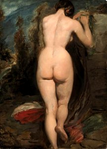William Etty - Female nude, seen from behind, leaning on a rock