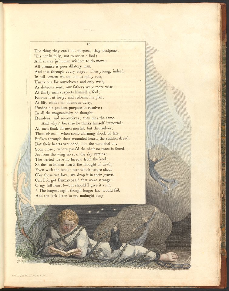 William Blake - Young's Night Thoughts, Page 15, The longest night though longer far, would fail - Google Art Project