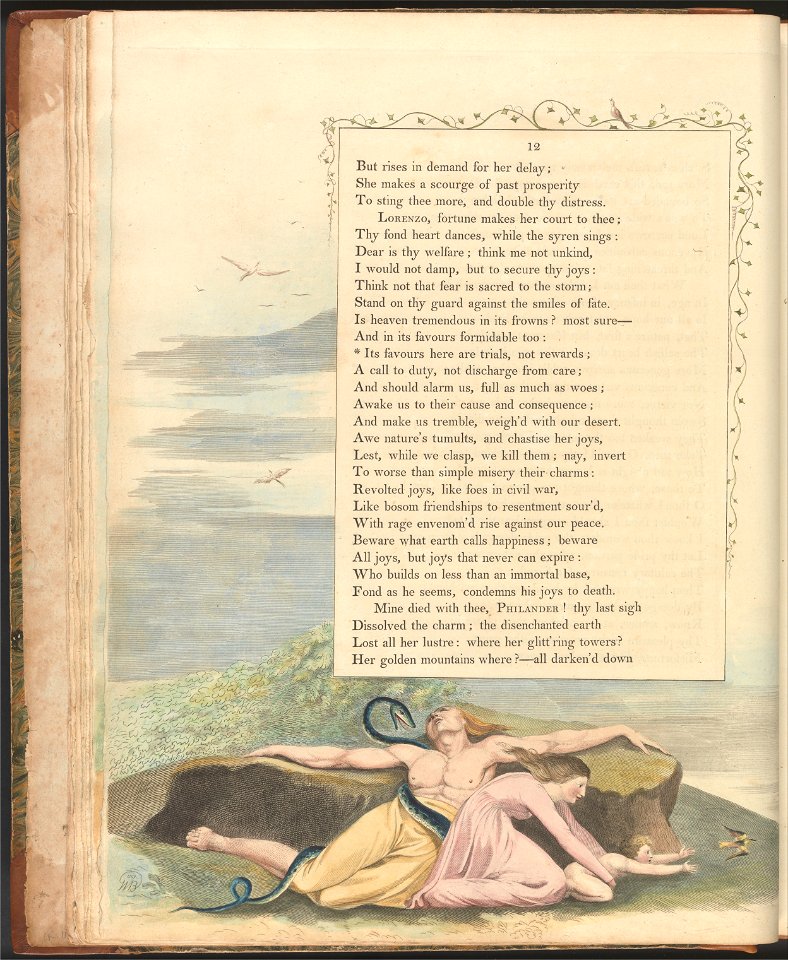 William Blake - Young's Night Thoughts, Page 12, Its favours here are trials, not rewards - Google Art Project