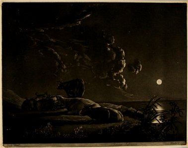 William E. Baillie after Aelbert Cuyp - River landscape with cattle by moonlight