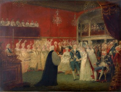 William Hamilton (1751-1801) - The Marriage of George, Prince of Wales, and Princess Caroline of Brunswick - RCIN 404486 - Royal Collection. Free illustration for personal and commercial use.