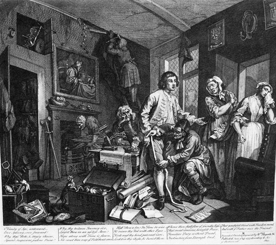 William Hogarth - A Rake's Progress, Plate 1, The Young Heir Takes Possession of the Miser's Effects - Google Art Project