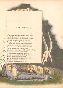 William Blake - Young's Night Thoughts, Page 1, Swift on His Downy Pinion Flies from Woe - Google Art Project (2389239)