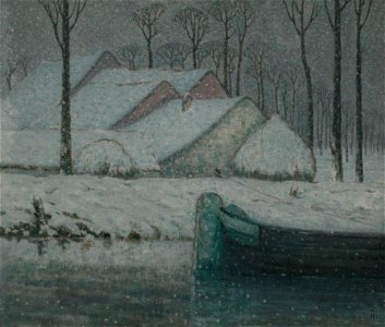 William Degouwe de Nuncques - Snowy landscape with barge