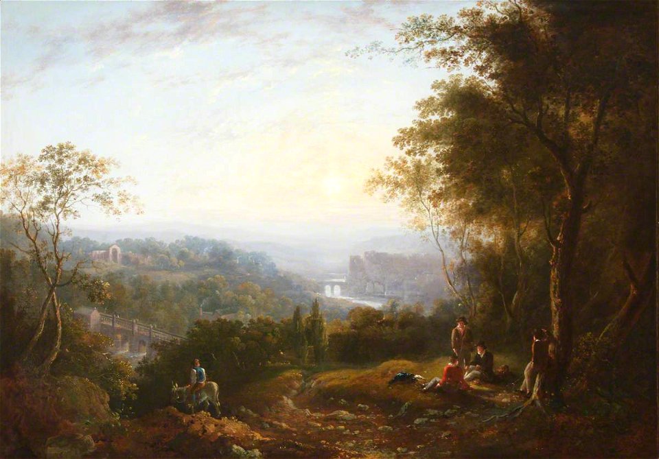 William Havell (1782-1857) (circle of) - A River Landscape with Two Bridges, a Ruined Abbey, Castle and Boys in a Wood - 1548037 - National Trust