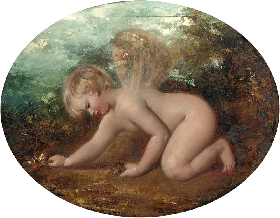 William Etty, R.A. (1787-1849) - A putto collecting flowers, in an oval mount, oil on panel