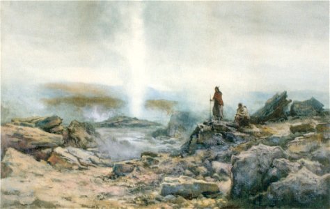 William Joseph Wadham - Geyser erupting with Maori figures watching. Free illustration for personal and commercial use.