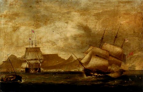 William John Huggins (1781-1845) - A Man-of-War and an East Indiaman in Table Bay - BHC1160 - Royal Museums Greenwich