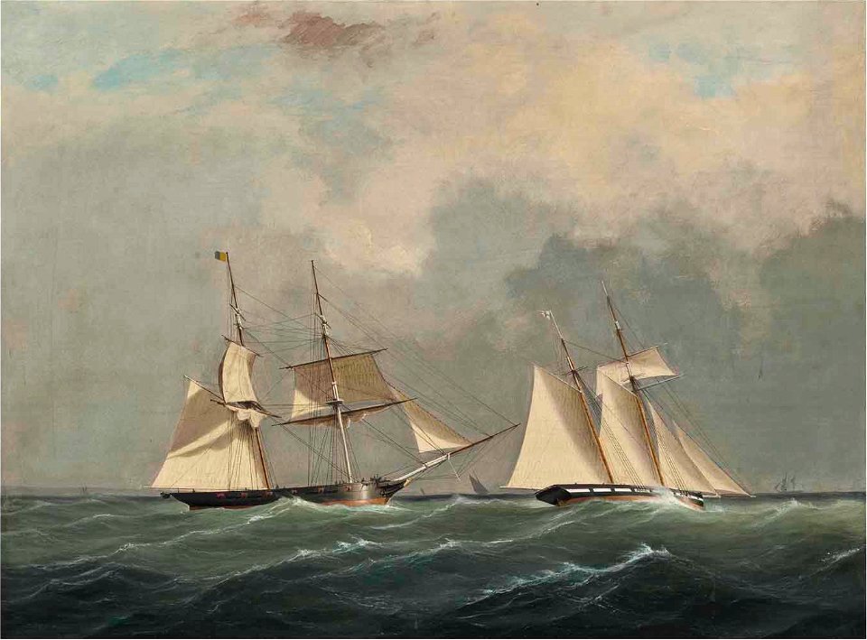 William John Huggins - The Royal Yacht Squadron's Waterwitch and The Royal Navy brig H.M.S. Pantaloon in coastal waters in a stiff breeze CSK 2013