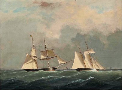 William John Huggins - The Royal Yacht Squadron's Waterwitch and The Royal Navy brig H.M.S. Pantaloon in coastal waters in a stiff breeze CSK 2013