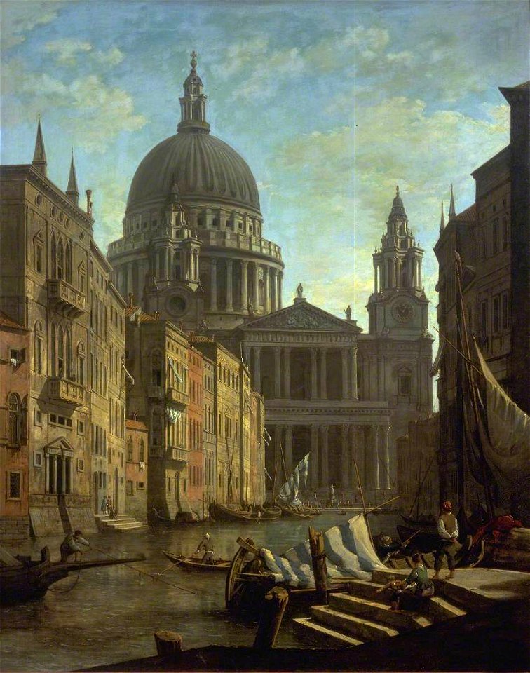 William Marlow (1740-1813) - Capriccio, St Paul's and a Venetian Canal ...