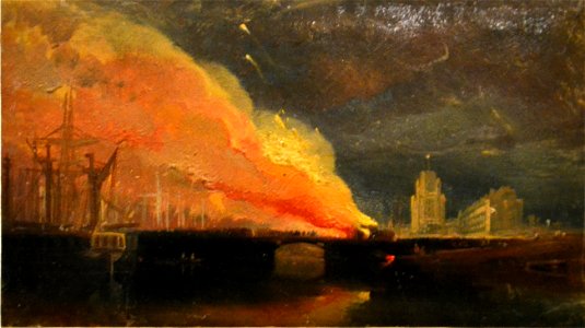 William James Müller, Les émeutes de Bristol. L'incendie des postes de péage sur le pont Prince Street avec St Mary Redcliffe (v. 1831)