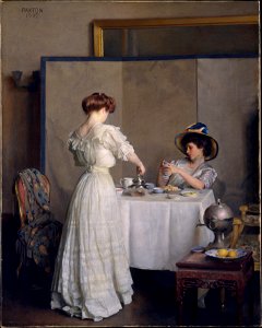 William McGregor Paxton, Tea Leaves, oil on canvas, 1909, Metropolitan Museum of Art. Free illustration for personal and commercial use.