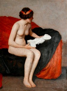 William McGregor Paxton Seated nude with sculpture. Free illustration for personal and commercial use.