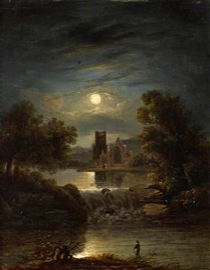 William Pether (1731-1819) (follower of) - A Moonlit River Scene with a Ruined Abbey, a Waterfall and a Lone Angler - 515538 - National Trust