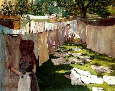 William Merritt Chase, 1886 - Wash Day Back Yard Reminiscence of Brooklyn. Free illustration for personal and commercial use.