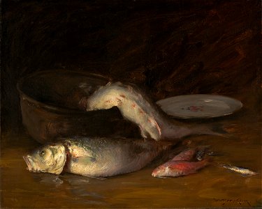 William Merritt Chase - Big Copper Kettle and Fish (Fish) - 15.9 - Indianapolis Museum of Art. Free illustration for personal and commercial use.