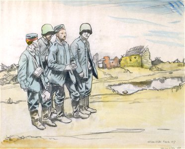 William Orpen - Four German Prisoners by a French Village. Free illustration for personal and commercial use.