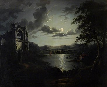 William Pether (1731-1819) - Moonlit Lake, with a Ruined Abbey and a Cottage with an Illuminated Window - 515684 - National Trust