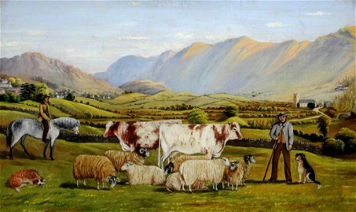 William Taylor Longmire (1841-1914) - View of Troutbeck, with Shorthorn Dairy Cows, and Cheviot and Swaledale Sheep, with Figures and Dogs - 478849 - National Trust