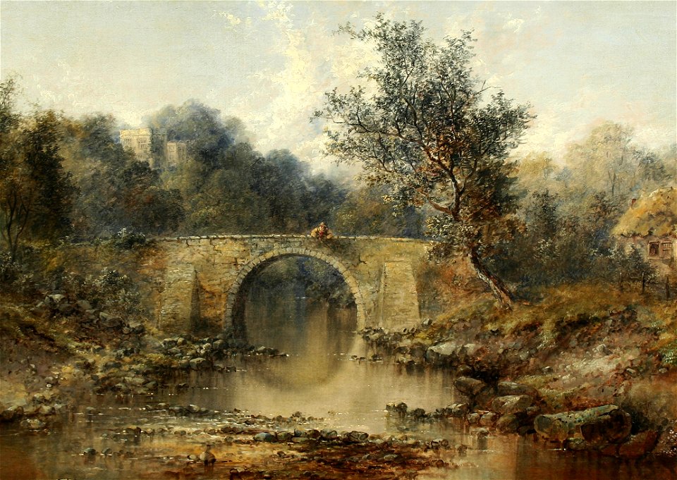 William W. Gosling - Boy fishing from a bridge, Haddon Hall beyond