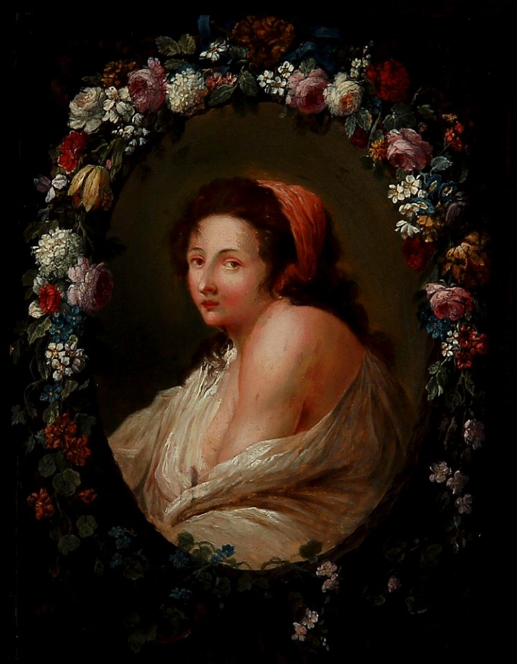 Johann Amandus Winck - Porträt einer Frau in einem ovalen Medaillon mit Blumenkranz