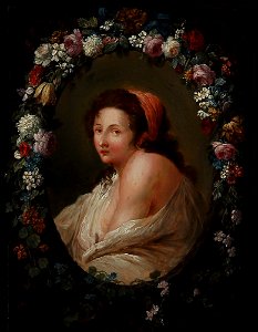 Johann Amandus Winck - Porträt einer Frau in einem ovalen Medaillon mit Blumenkranz. Free illustration for personal and commercial use.